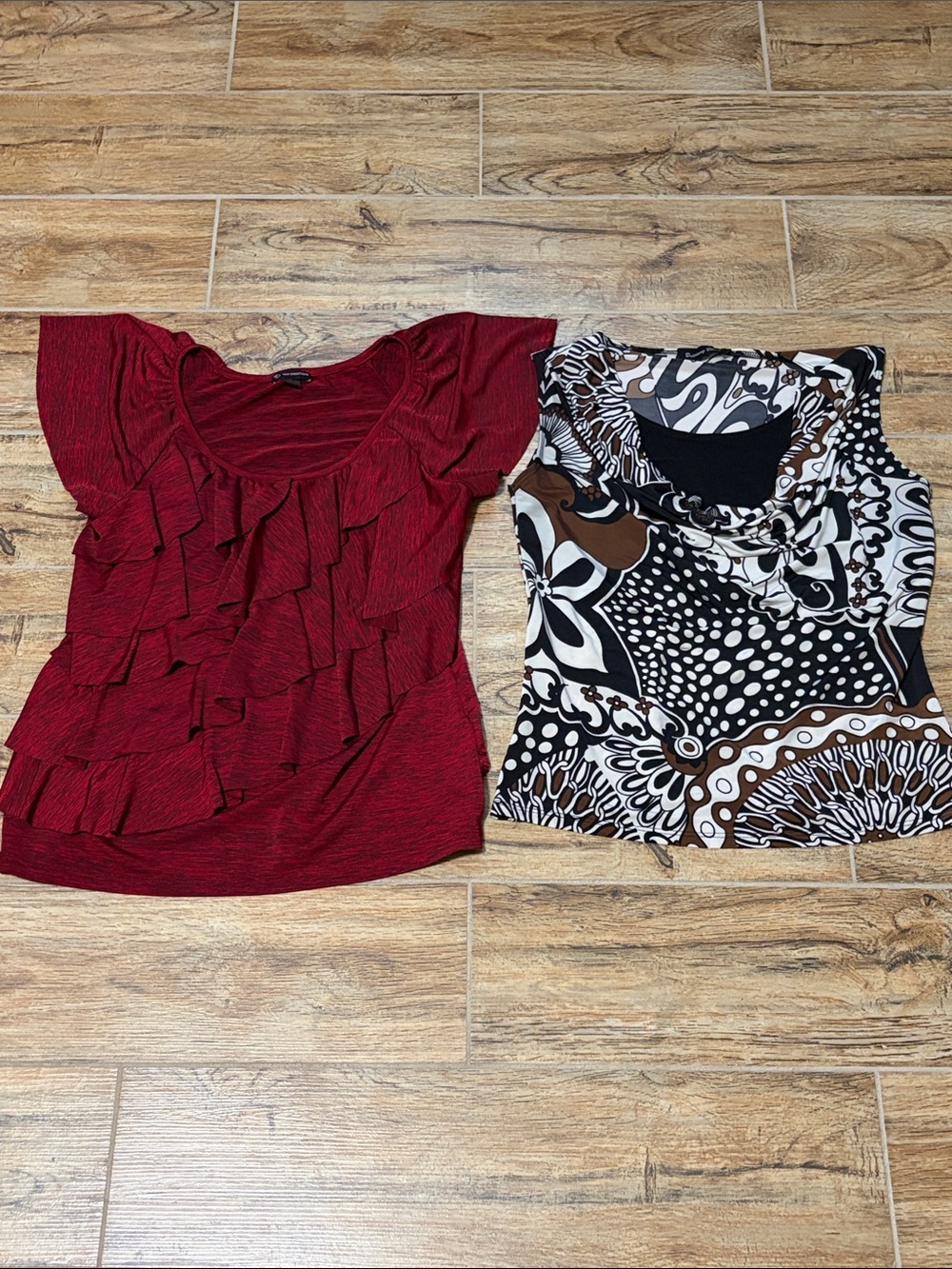 2 women’s work blouse’s Red Short-Sleeve Ruffle Front Top and black/brown